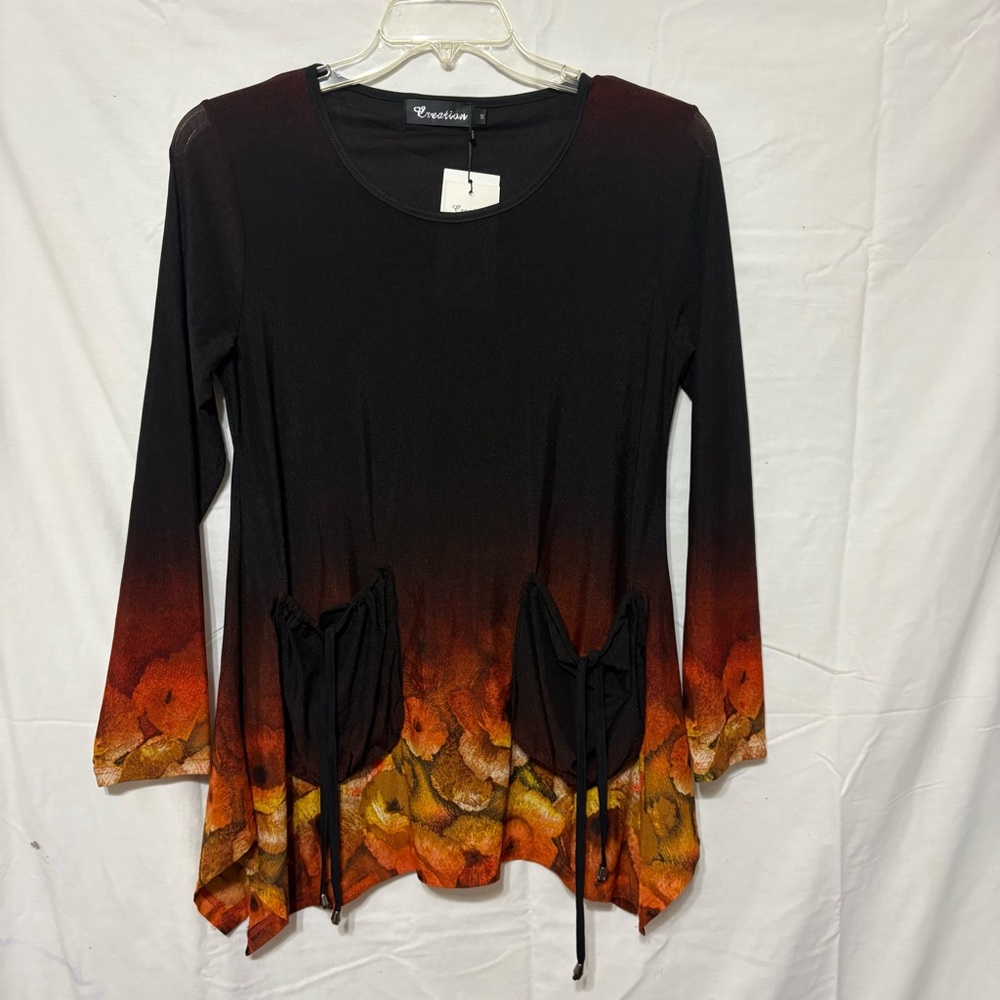 Creation NWT black long-sleeved tunic top with an orange and yellow florals
